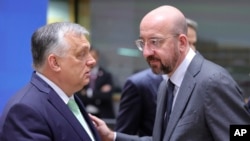 EU Council President Charles Michel (right) and Hungarian Prime Minister Viktor Orban (file photo)