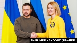 Ukrainian President Volodymyr Zelenskiy (left) and Estonian Prime Minister Kaja Kallas meet in Tallinn in January.