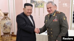 North Korean leader Kim Jong Un (left) meets with Russian Defense Minister Sergei Shoigu in Pyongyang on July 26. 