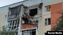 A damaged apartment building in Stroitel, Belgorod region, Russia, on June 25