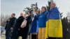 People gathered outside the Russian Embassy in Bishkek as well as other sites in the Kyrgyz capital on February 24 to commemorate the victims of Russian's invasion of Ukraine.