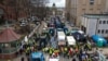 Polish farmers block a street during a protest in Szczecin, northwestern Poland, on April 3.