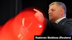 Robert Fico speaks at an election campaign rally in Banovce nad Bebravou, Slovakia, on September 14.