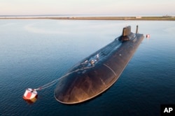 The Russian nuclear submarine Dmitry Donskoy is pictured moored near Kronstadt, a seaport town 30 kilometers west of St. Petersburg, Russia, in 2017.