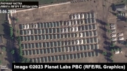 A satellite photo taken late last month of a field camp in Belarus's Mahilyou region that is believed to have housed Wagner troops. 