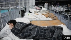 Residents of the village of Shebekino rest at a temporary accommodation center in Belgorod Arena in a photo taken last year by News.ru correspondent Nikita Tsitsagi, who was killed in part of Ukraine's eastern Donetsk region controlled by Russian forces.