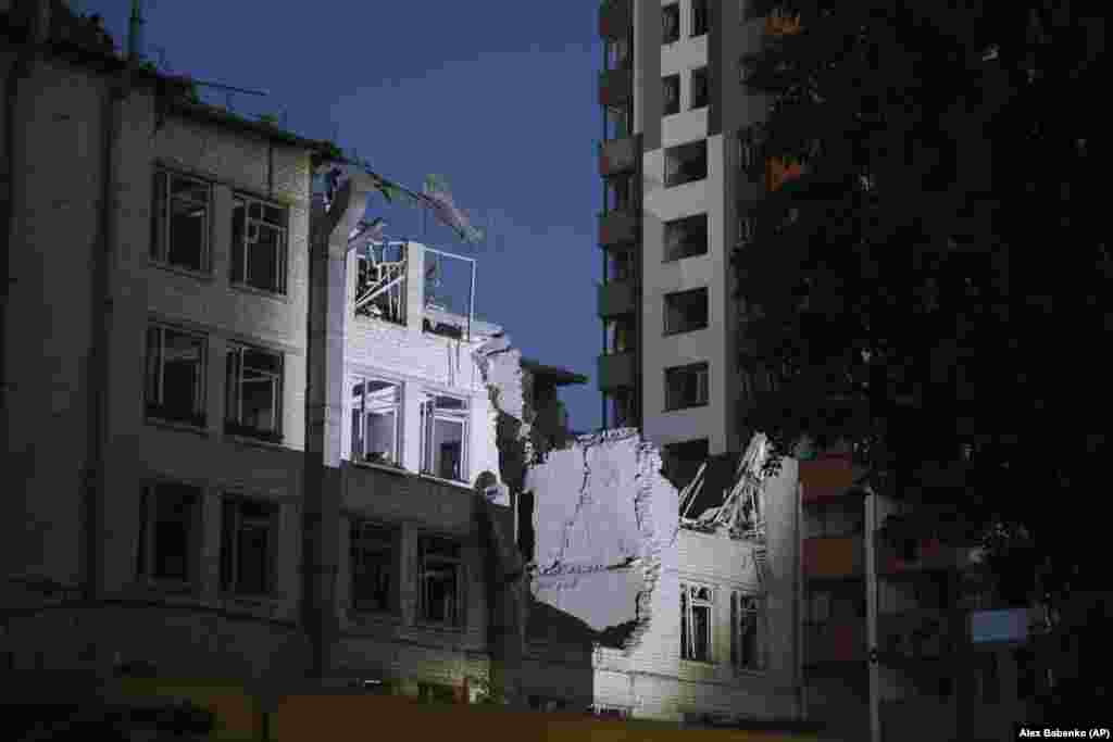 A building damaged in the early morning strike on Kyiv on June 1