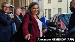 U.S. Undersecretary of State for Political Affairs Victoria Nuland leaves the Russian Foreign Ministry after her meeting with the deputy foreign minister in Moscow on October 12. 