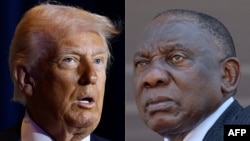 This combination of file pictures shows U.S. President Donald Trump (L) speaking in Washington, D.C., on February 6, 2025, and South African President Cyril Ramaphosa attending Mozambique President-elect Daniel Chapo's inauguration in Maputo on January 15, 2025.