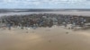 An aerial view shows a settlement surrounded by rising floodwaters in the North Kazakhstan region, Kazakhstan, on April 16.