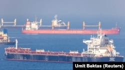 The cargo ship Despina V, carrying Ukrainian grain, is seen in the Black Sea off Kilyos near Istanbul, on November 2, 2022.