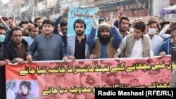 A protest organized by the Pashtun Tahafuz Movement (PTM) in Dera Ismail Khan on February 13 demanding the clearance of landmines in South Waziristan. 