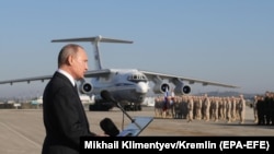 Russian President Vladimir Putin used his December 11, 2017, visit to the Hmeimim air base to declare victory over "terrorists."