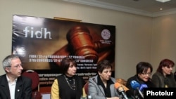 Shirin Ebadi (speaking) takes part in the FIDH conference in Yerevan.