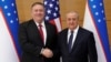 U.S. Secretary of State Mike Pompeo (left) shakes hands with Uzbek Foreign Minister Abdulaziz Kamilov in Tashkent on February 3.