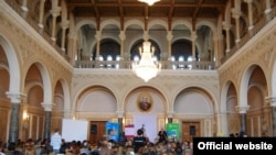 An audience gathers for the first day of the poetry festival "Meridian Czernowitz" in Chernivtsi, Ukraine.