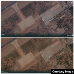 Images from December 13 (top picture) and December 11 (bottom picture) of Bamako airport in Mali, which is home to a Russian base, shows a plane unloading. Source: Planet Labs