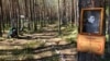 A portrait of a victim of Stalin's Great Terror is shown pinned to a tree at the Sandarmokh site.