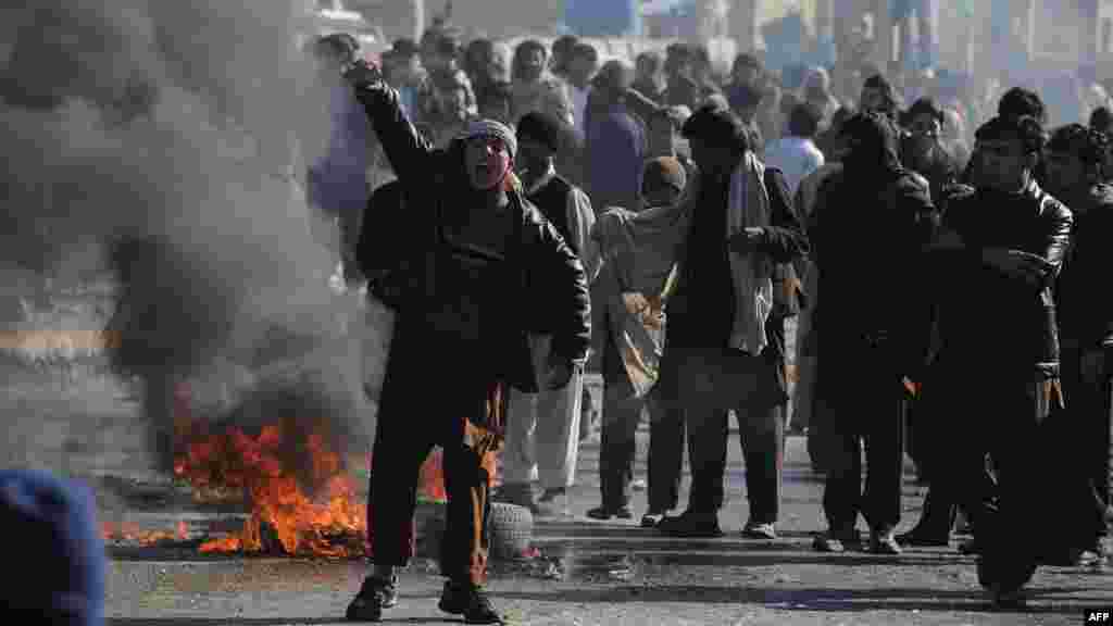 An Afghan youth shouts anti-U.S. slogans during a protest in Kabul on February 22.