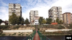 The foot bridge constructed by NATO and UN peacekeepers in the ethnically divided town of Mitrovica