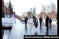 Biden participates in a wreath-laying ceremony at the Tomb of the Unknown Soldier outside the Kremlin Walls in Moscow on March 9, 2011.