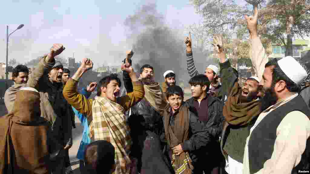 Men shout anti-U.S. slogans during a demonstration in Jalalabad Province, one of the centers of tension following the reported Koran burnings, on February 22.