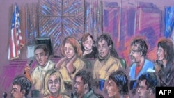 A courtroom drawing of the 10 spies in a New York courtroom on July 8