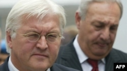 Steinmeier (left) with breakaway Abkhaz leader Sergei Bagapsh before the German foreign minister departed for Moscow on July 18