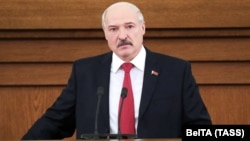 Belarusian President Alyaksandr Lukashenka delivers his annual state-of-the-nation address in Minsk on April 24.