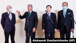 Attendees at the Moscow conference included, from left to right, U.S. Special Envoy Zalmay Khalilzad, Russian Special Representative for Afghanistan Zamir Kabulov, Chinese Ambassador to Afghanistan Wang Yu, and Pakistan's special representative, Mohammad Sadiq.