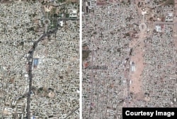 Шаҳрисабз маркази, чапда 2011 йилги ҳолат, ўнгда 2015 йилги ҳолат, сунъий йўлдош орқали олинган суратлар