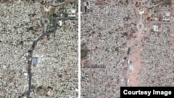 Satellite images from 2011 (left) and 2015 (right) show the destruction of Shahrisabz’s UNESCO-protected historic center.