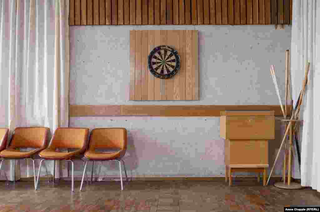 A game room inside the Ligatne resort. The facility looks much like the many other elite spas built throughout the Soviet Union where politicians and their families could combine rest and medical treatment.