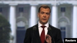 Russian President Dmitry Medvedev delivers a speech at the St. Petersburg International Economic Forum on June 17.