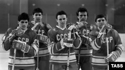 Fetisov, pictured second from right, in the Soviet Olympic hockey team.