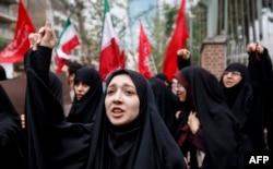 Iranian women chant slogans during an anti-U.S. rally in Tehran on May 9, after Trump withdrew from the Iran nuclear deal.