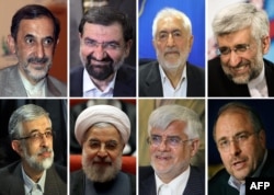 Iran's approved presidential candidates: (top left to right) Ali Akbar Velayati, Mohsen Rezai, Mohammad Gharazi, Said Jalili, (bottom left to right) Gholam Ali Haddad-Adel, Hassan Rohani, Mohammad Reza Aref, and Mohammad Baqer Qalibaf.