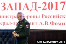 Russian Deputy Defense Minister Aleksandr Fomin attends a briefing prior to the commencement of the Zapad 2017 military exercises in Belarus.