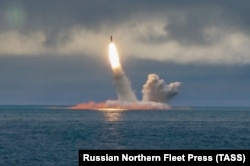 The Russian Borei-class nuclear-powered submarine K-535 Yury Dolgoruky launches a Bulava ballistic missile in the Barents Sea in 2019.