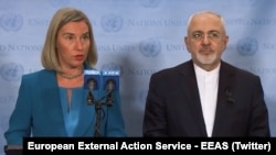 EU foreign policy chief Federica Mogherini (left) at the UN with Iranian Foreign Minister Mohammad Javad Zarif