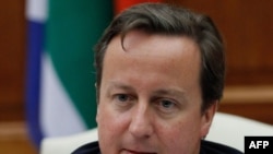 British Prime Minister David Cameron speaks in Pretoria on July 18.