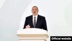 Azerbaijani President Ilham Aliyev gives a speech in Sumgait on November 21.