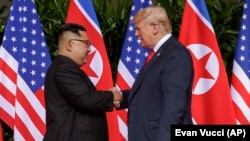 U.S. President Donald Trump shakes hands with North Korea leader Kim Jong Un on June 12, 2018 in Singapore.