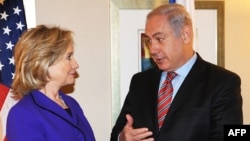 U.S. Secretary of State Hillary Clinton with Israel's Prime Minister Binyamin Netanyahu before their meeting in New York on November 11.