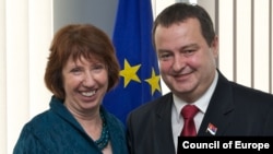 EU foreign policy chief Catherine Ashton meets with Serbia's Prime Minister Ivica Dacic in Brussels on October 19.