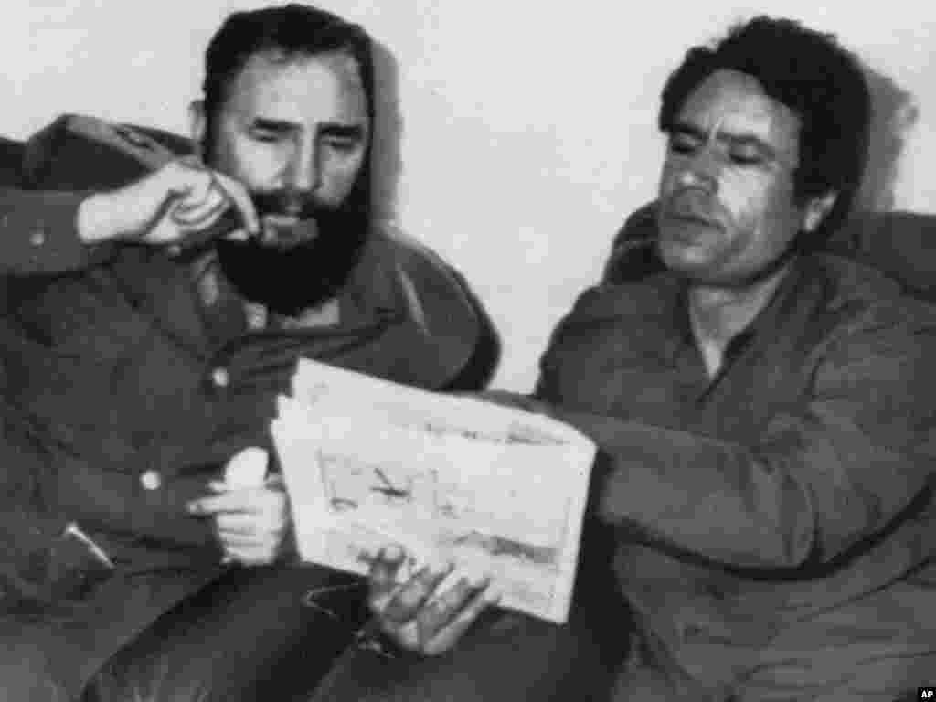 Cuban leader Fidel Castro meets with Qaddafi in Tripoli on March 8, 1977.