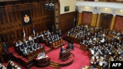 The head of the Serbian legal team for the ICJ, Dusan Batakovic, addresses the extraordinary parliament session in Belgrade on July 26.