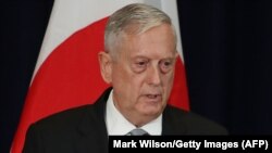 U.S. Defense Secretary Jim Mattis speaks at the State Department in Washington on August 17.