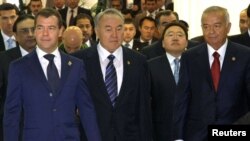 The leaks that bind: Russian President Dmitry Medvedev, left, Kazakh President Nursultan Nazarbayev and Uzbek President Islam Karimov.