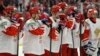 Russian players stand on the ice after losing the U20 Ice Hockey Worlds gold medal match between Canada and Russia in Ostrava, Czech Republic, in January 2020.